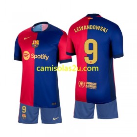 Camisolas de futebol FC Barcelona Lewandowski 9 Criança Equipamento Principal 2024/25 Manga Curta